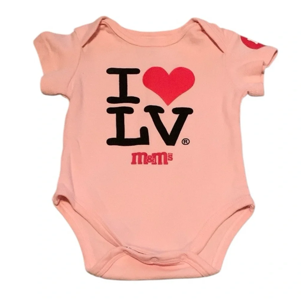 M&M’s I Heart Love LV Las Vegas Pink Bodysuit Girl’s Size 6 Months Cotton